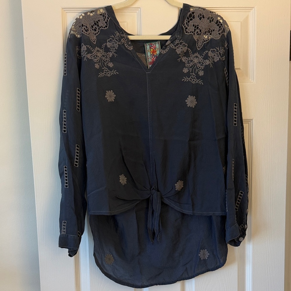 Johnny Was Charcoal Embroidered Blouse